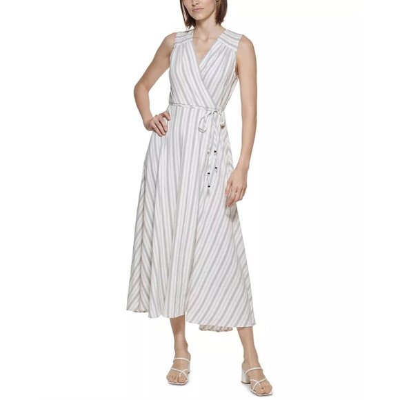 NWT Calvin Klein Faux-Wrap White + Gray Striped Sleeveless Maxi Dress, size 10 - Picture 1 of 12